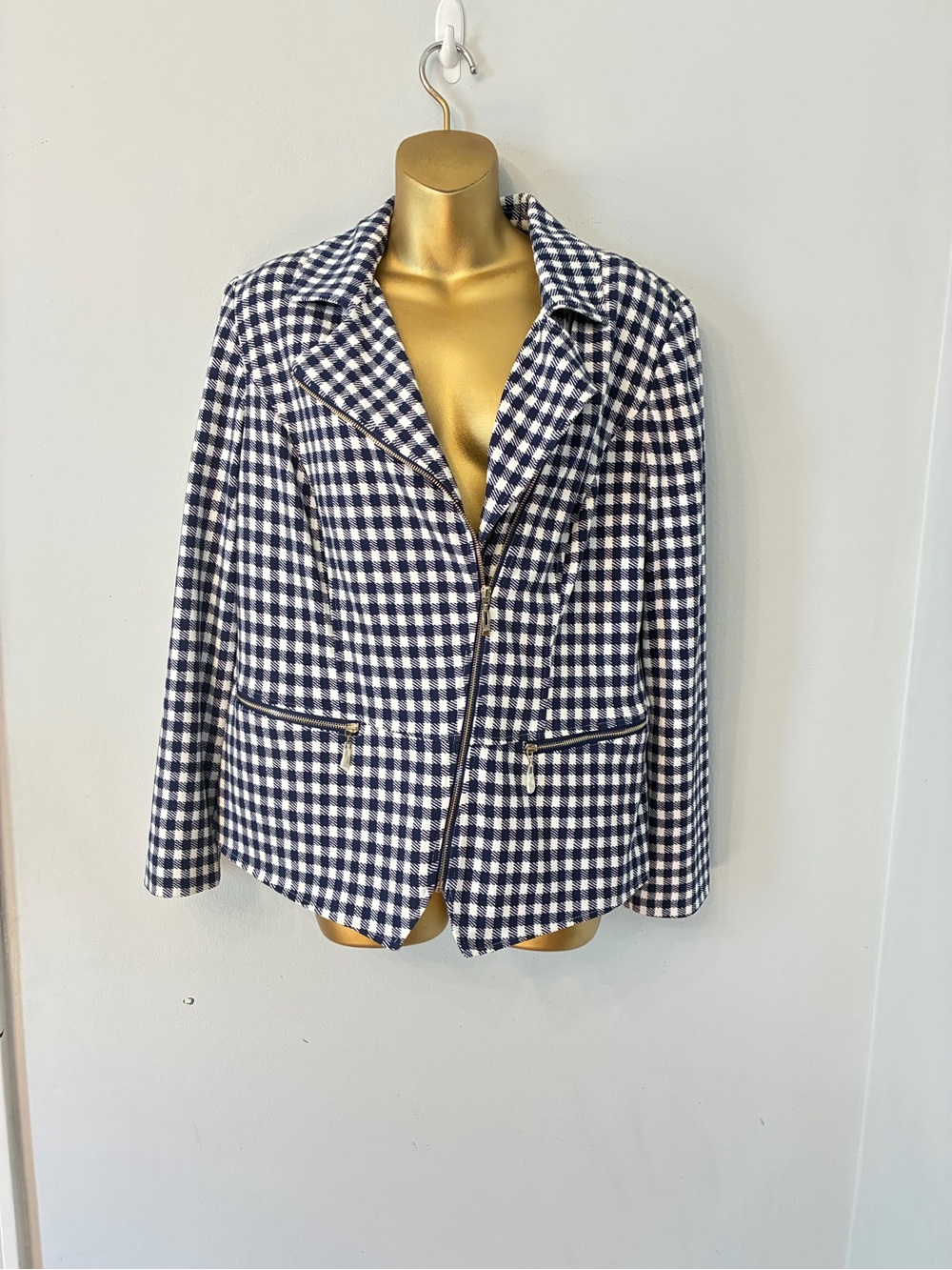 Chico’s Gingham Moto Jacket – Navy White Check Zip Blazer – Size 2 - Picture 2 of 7